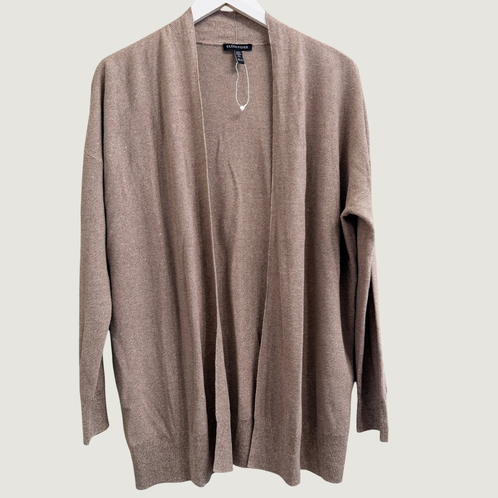 Eileen Fisher Organic Linen Cotton Open Front Long Cardigan Sweater Taupe- XS